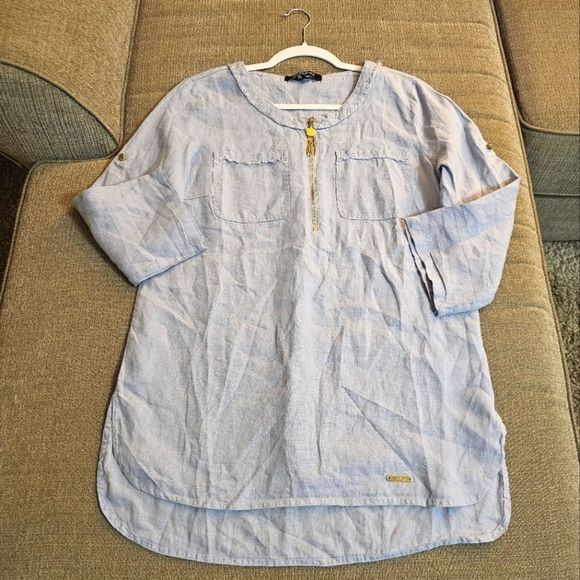 Ellen Tracy Tops - Ellen Tracy Linen Light Blue Casual Career Office Tunic w/ Gold Accents Small
